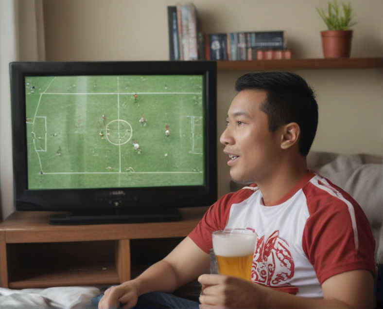 An Indonesian man watching a soccer game on the TV while drinking beer.