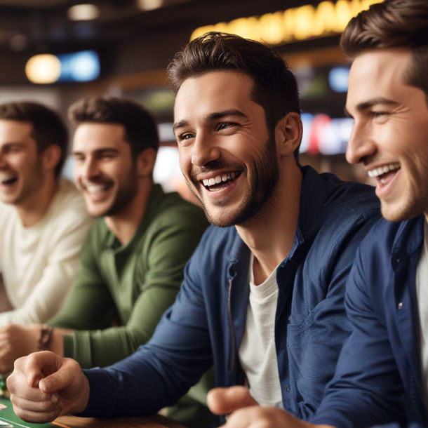 A man joyfully watches a sports game, engaging with friends as they enjoy in-play betting.