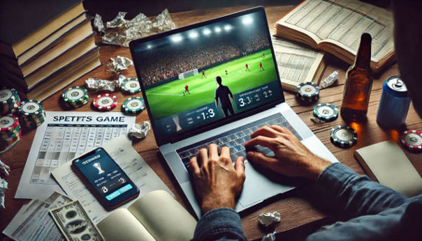 A person watching a live sports game on a laptop, surrounded by betting notes and apps.