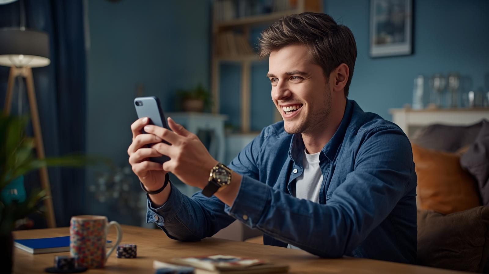 UK player enjoying online casino at home in bright happy setting