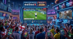 A futuristic online entertainment hub featuring live football action on giant digital screens, lottery number displays, immersive gaming interface