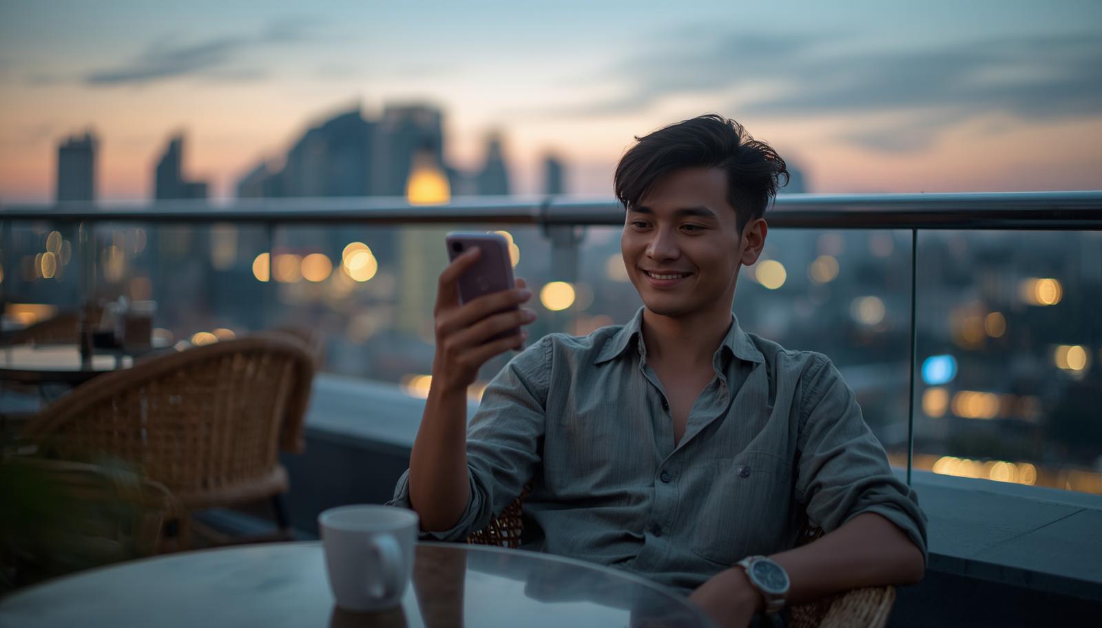 Man smiling at phone screen, rooftop cafe, relaxed evening downtime moment.